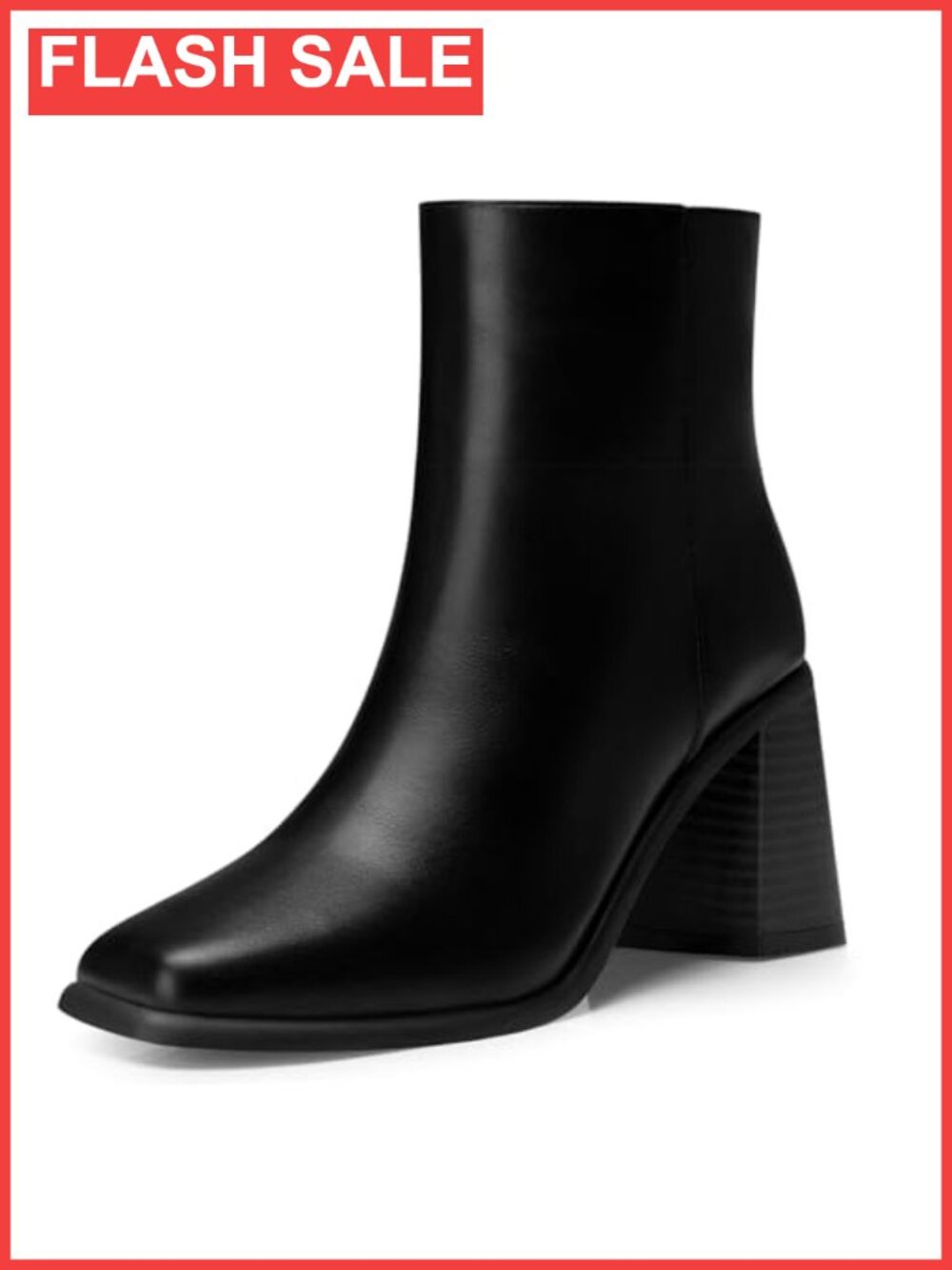 Women Chunky Heel Ankle Boots Faux Leather Square Toe Zip Booties